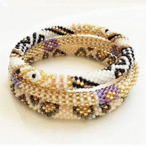 Gold Black White Beaded Roll-on Bracelets-set of 3